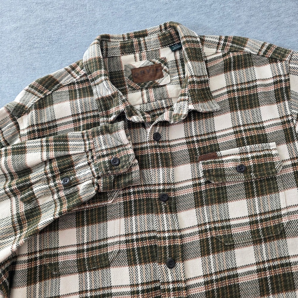 Orvis Men XL Brown Cream Plaid Flannel Button Down Shirt 100% Cotton Long Sleeve